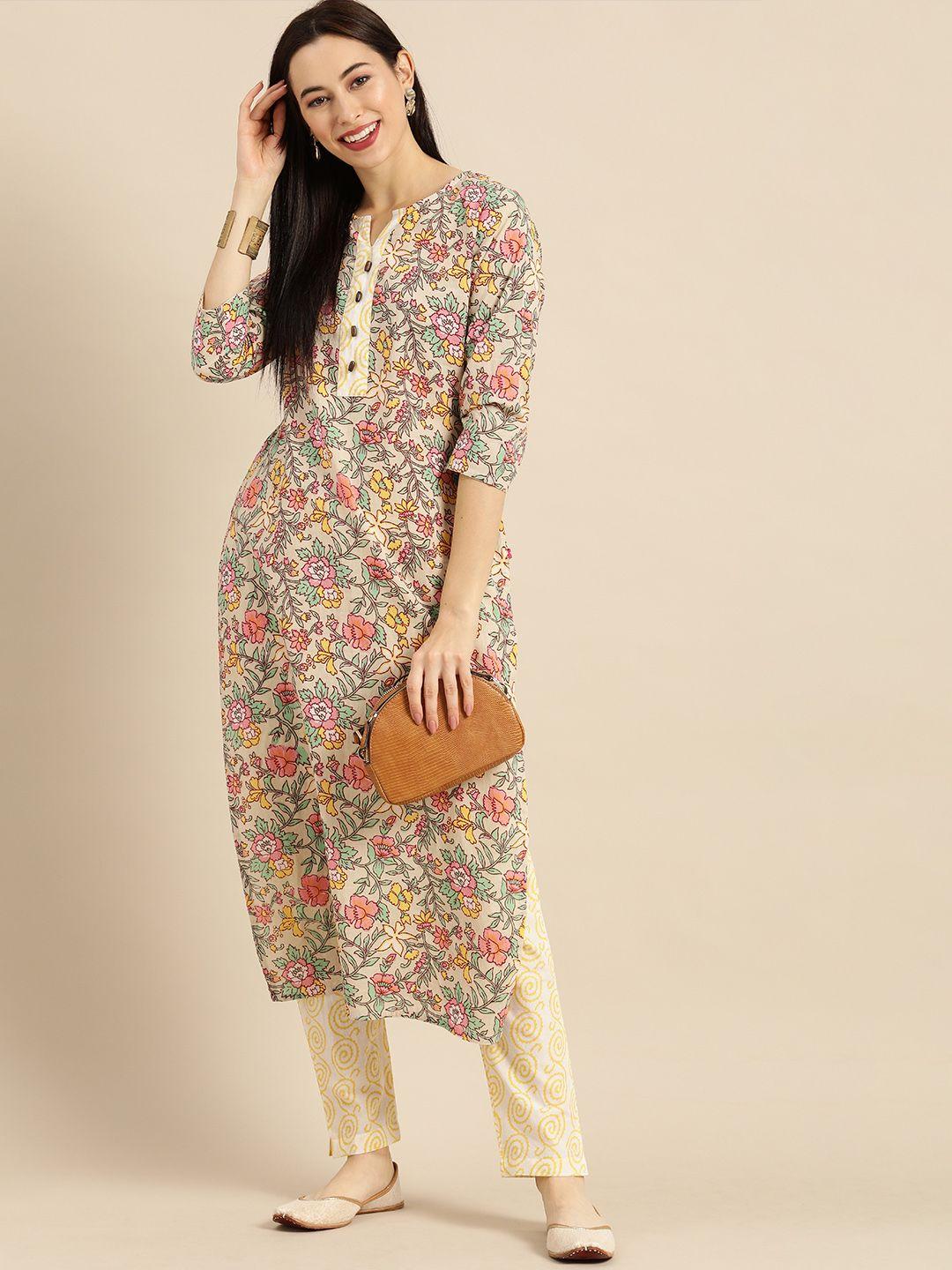 varanga women sea green & mustard yellow printed kurta with trousers