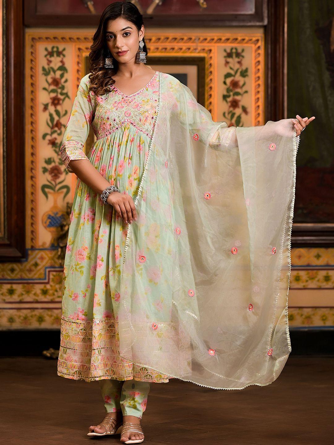 varanga women sea green floral embroidered empire mirror work pure cotton kurta with trousers & with dupatta