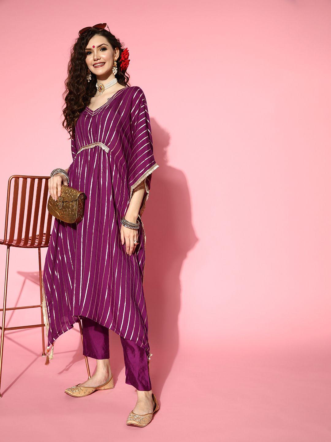 varanga women striped silk blend new age kaftan kurta set