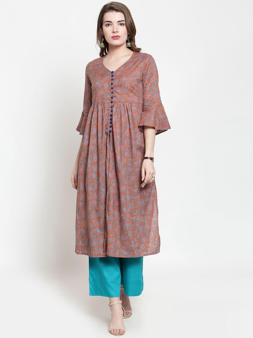 varanga women tan brown & turquoise blue printed kurta with palazzos