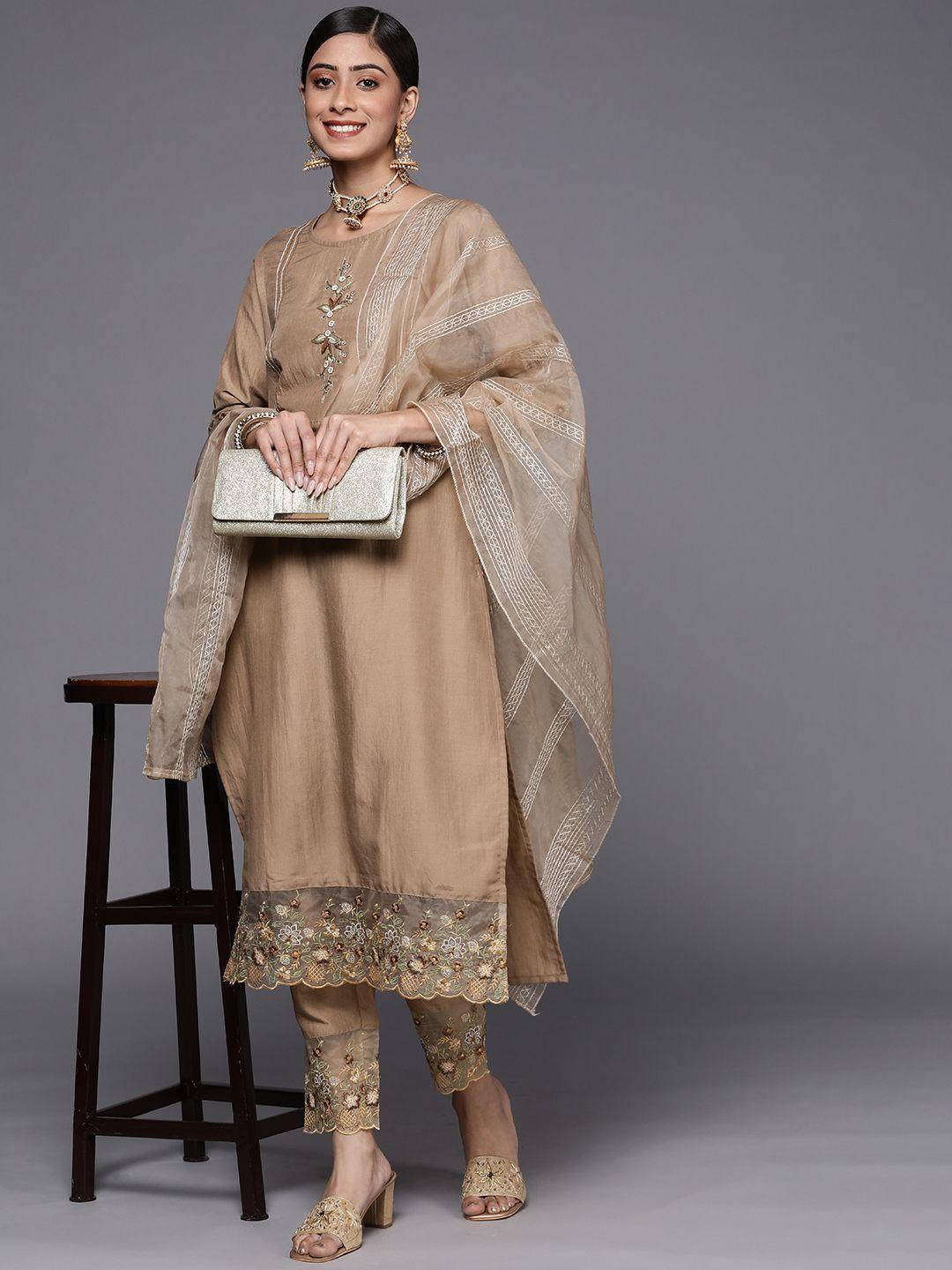 varanga women taupe floral embroidered thread work kurta with trousers & with dupatta