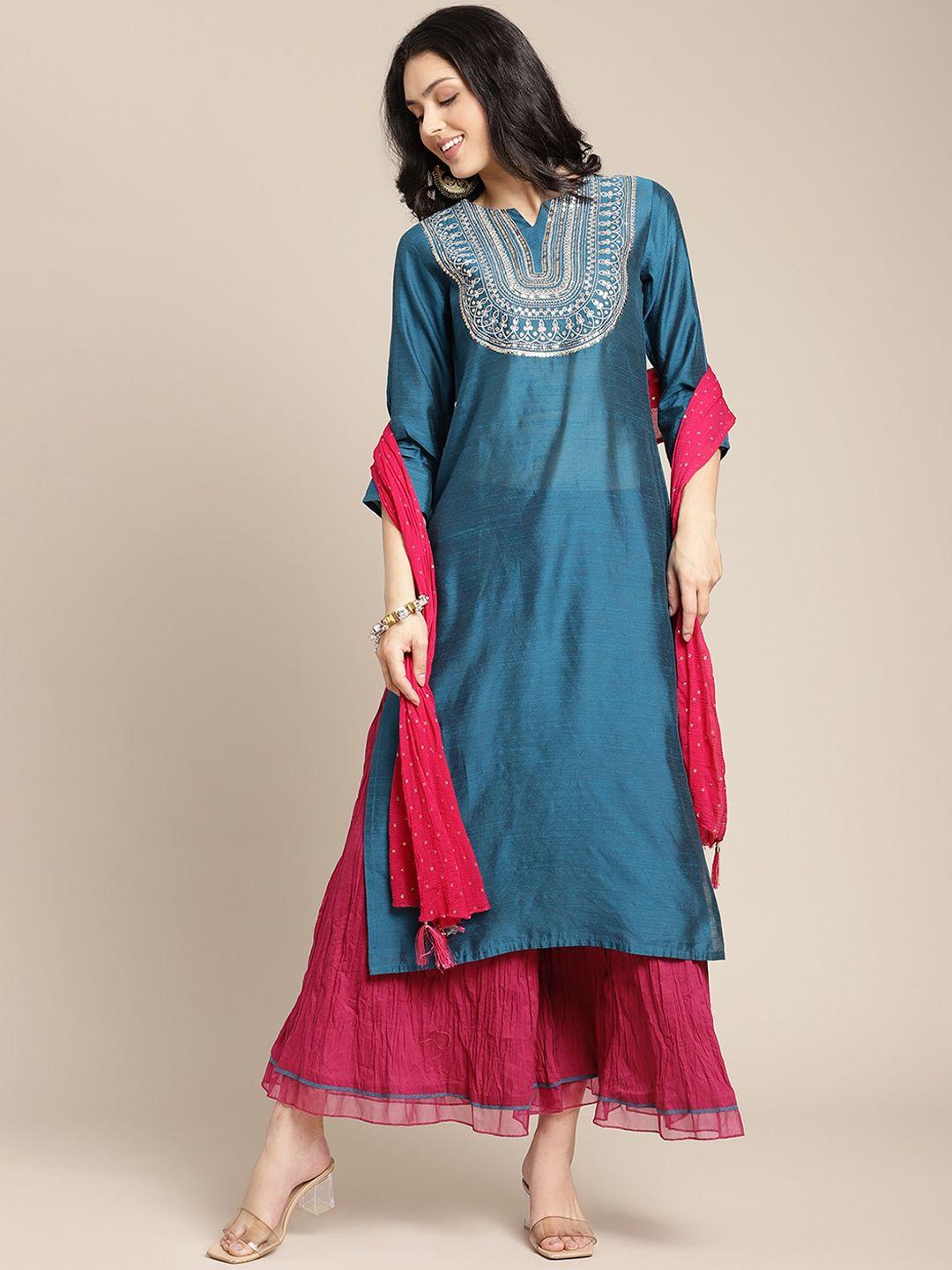 varanga women teal & red embroidered kurta & palazzo with dupatta