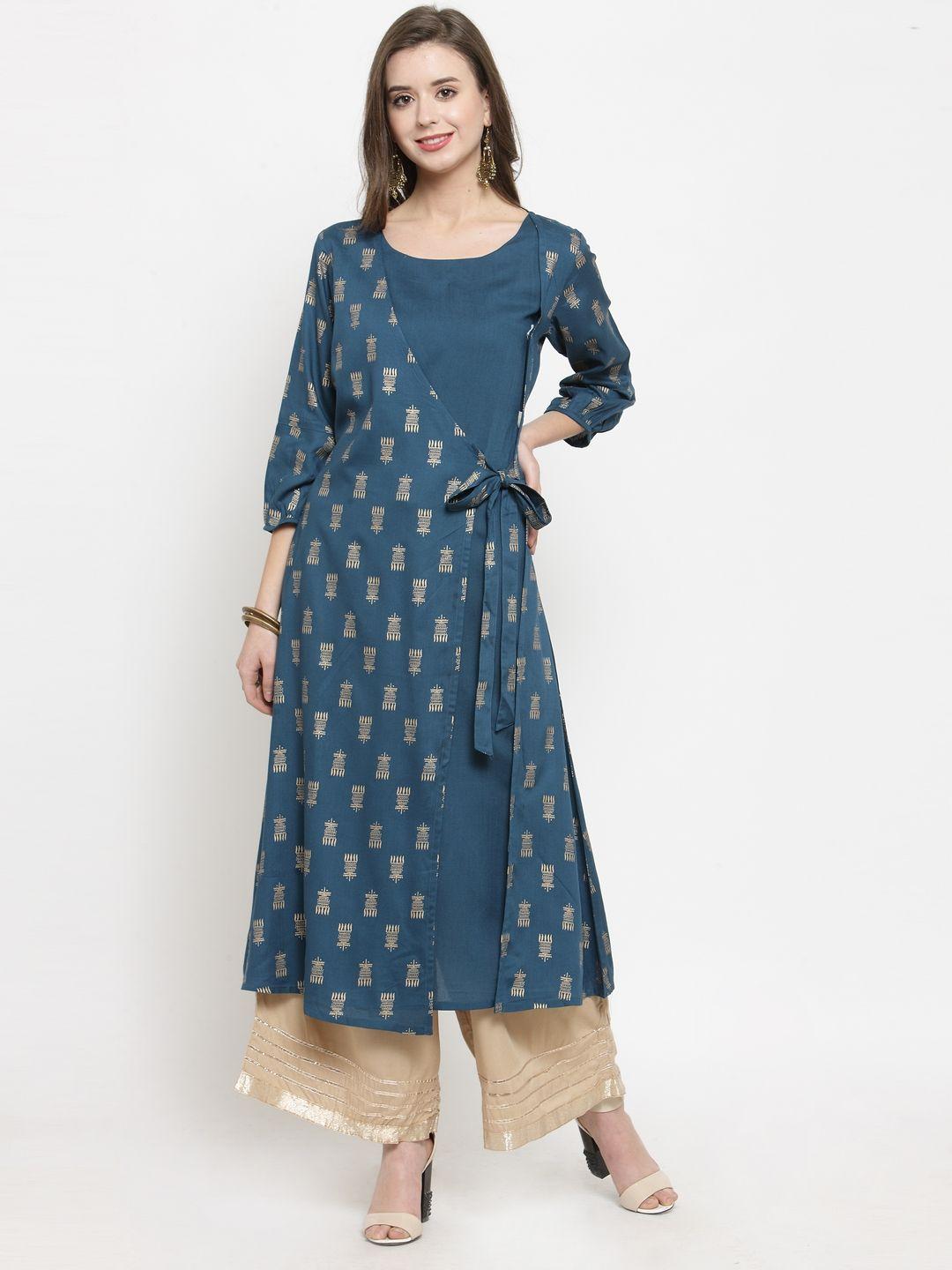 varanga women teal blue & beige printed kurta with palazzos
