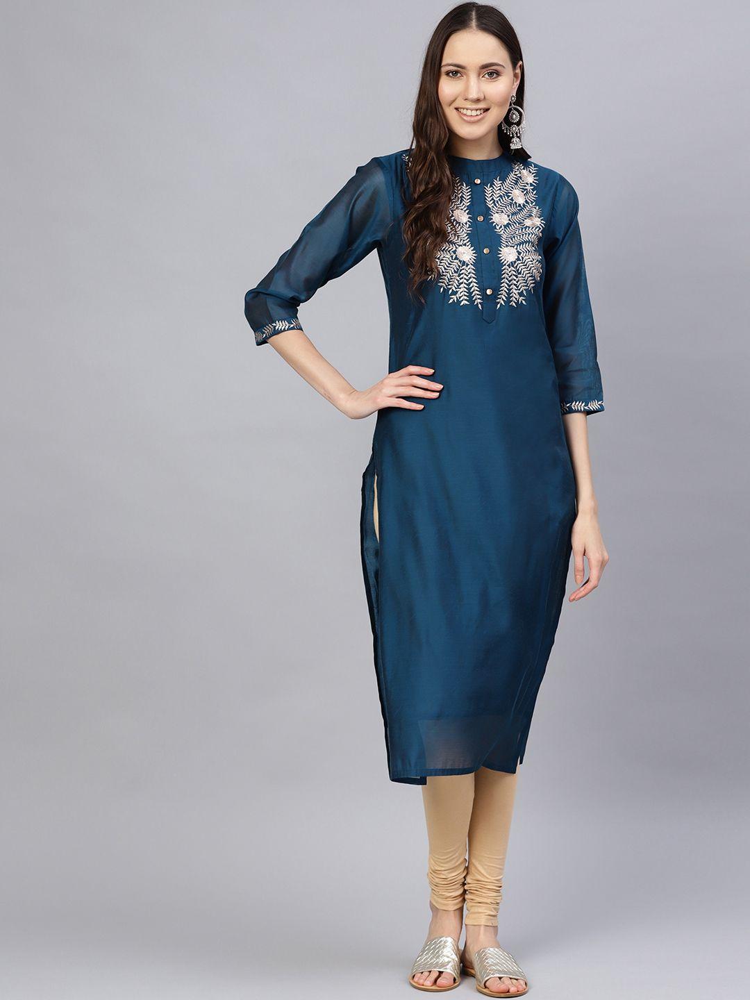 varanga women teal blue & silver embroidered yoke design straight kurta