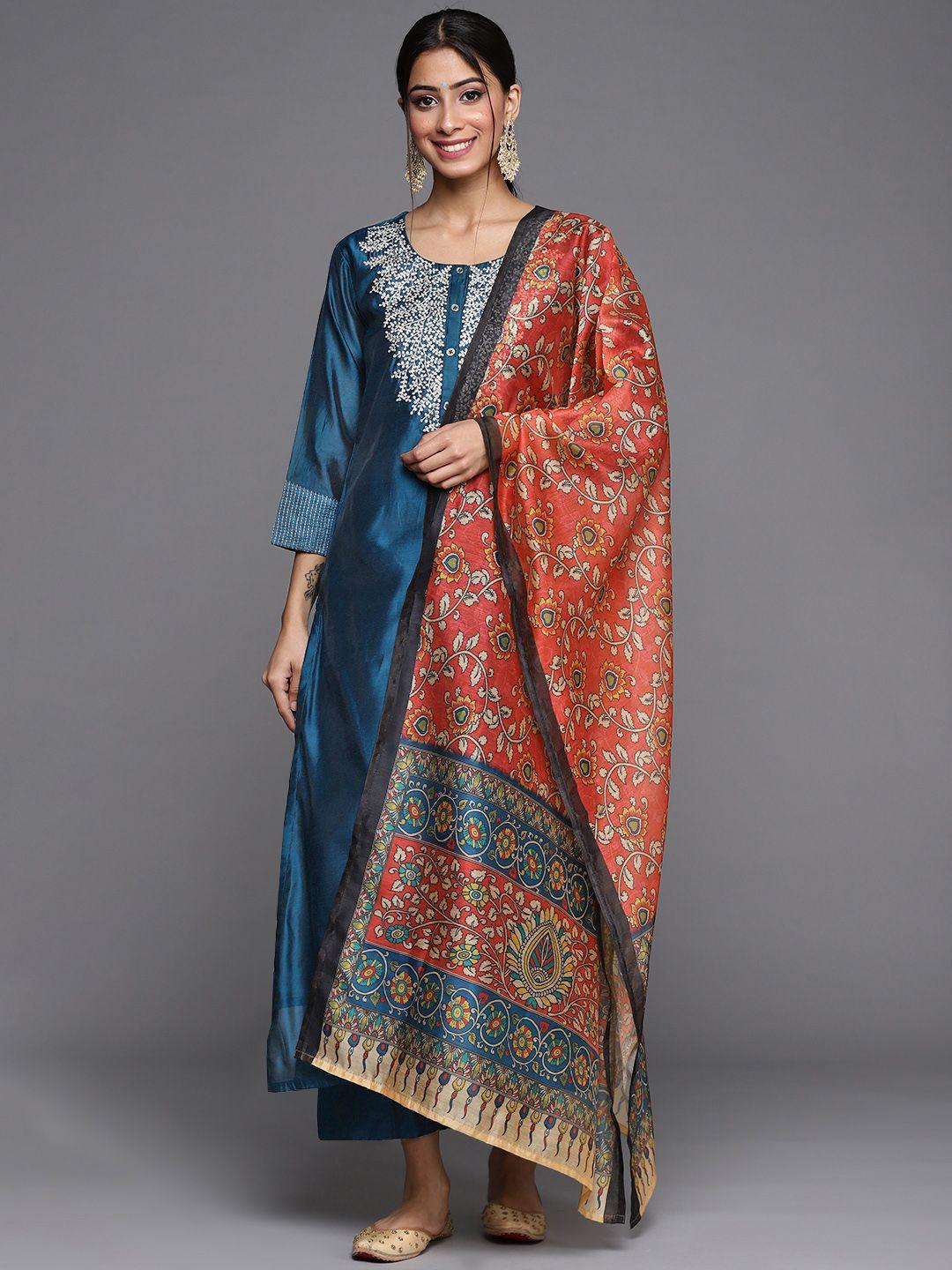 varanga women teal blue & silver zari yoke straight kurta with trousers & with dupatta