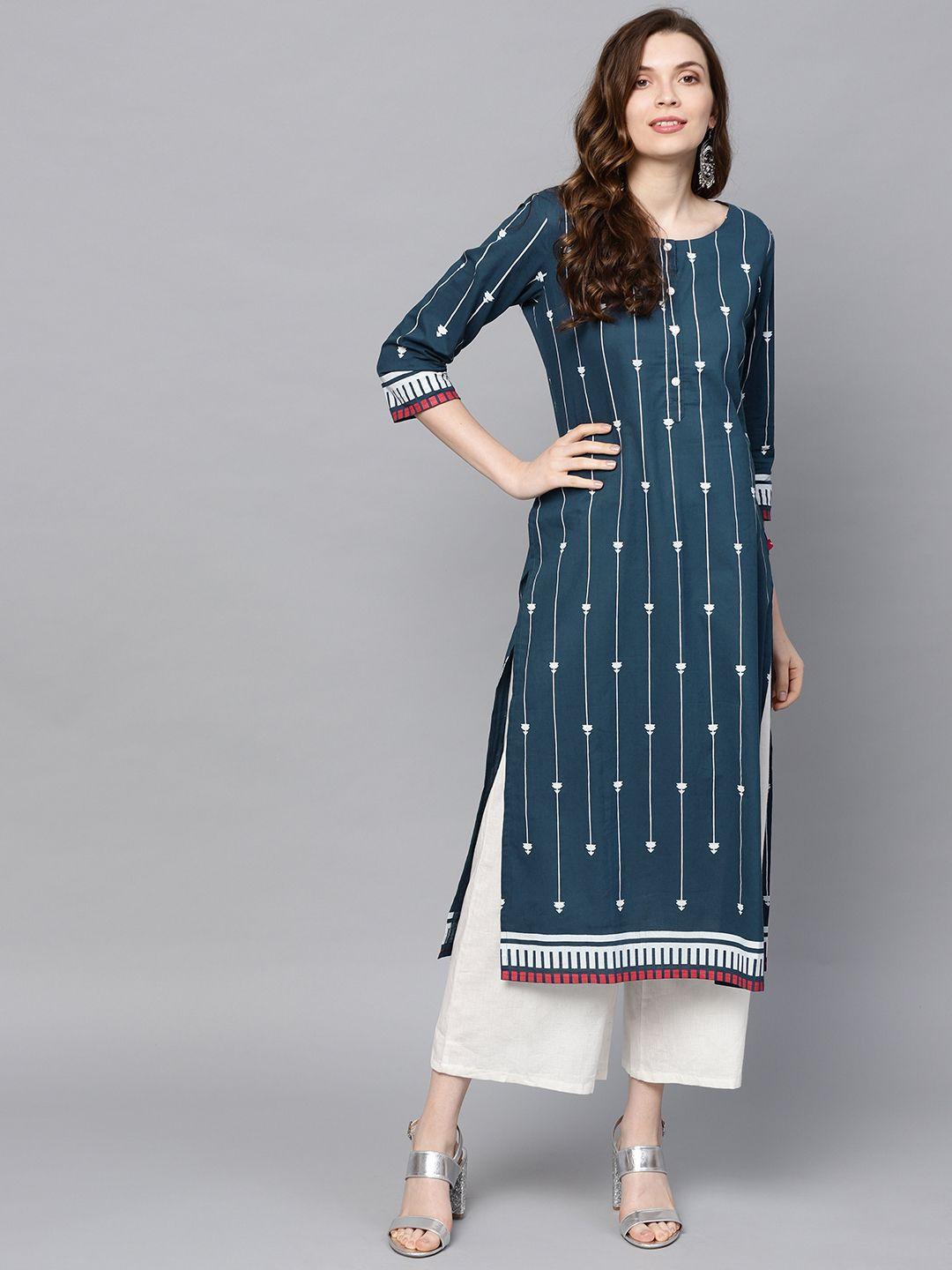 varanga women teal blue & white striped straight kurta