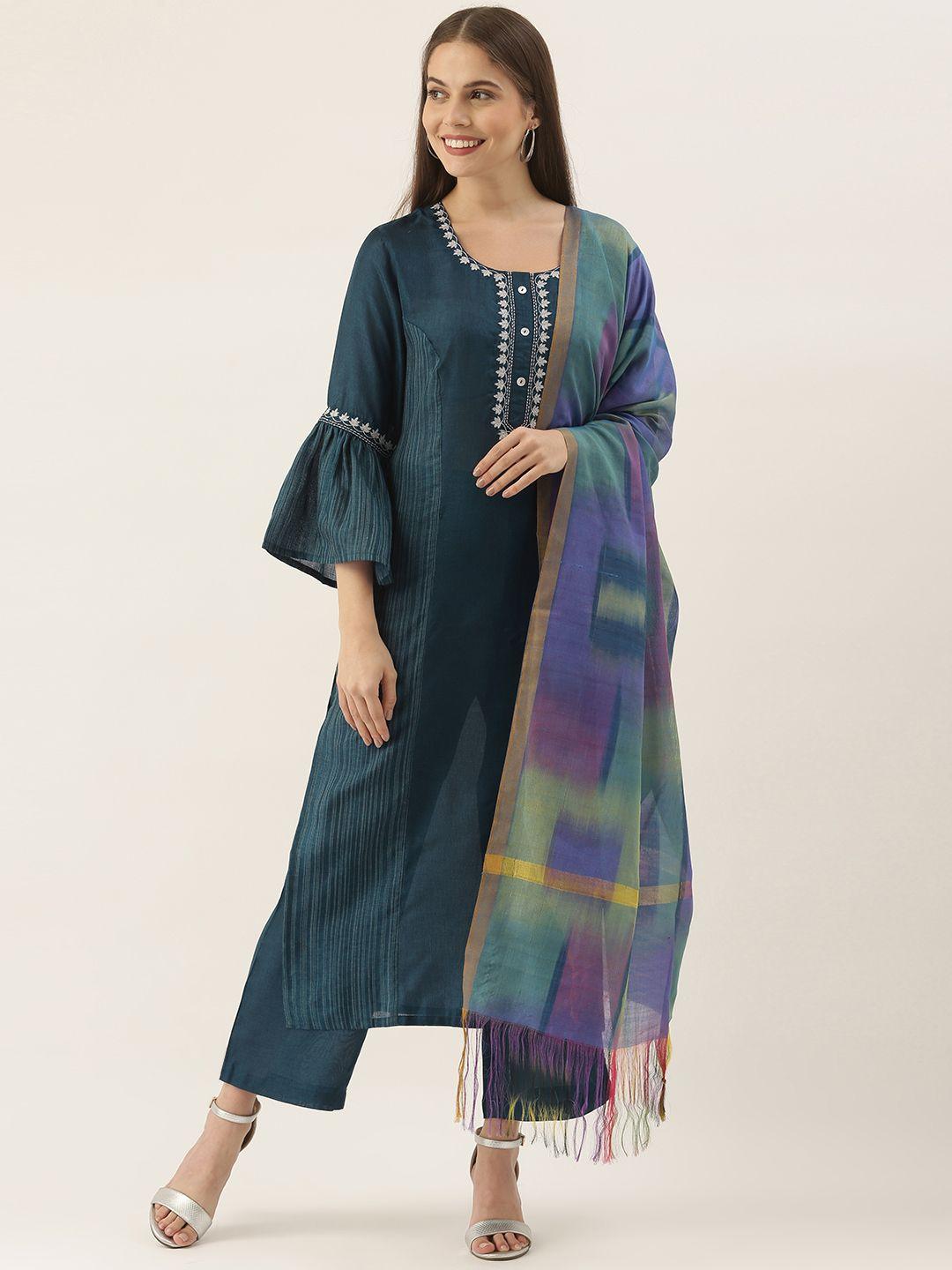 varanga women teal blue striped panelled kurta with palazzos & with dupatta