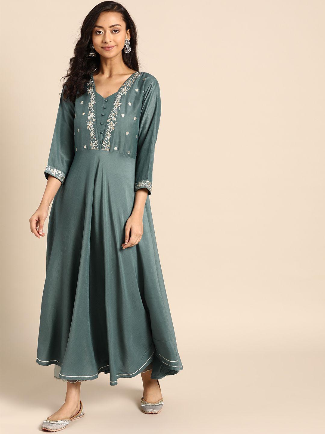 varanga women teal green embroidered kurta with trousers