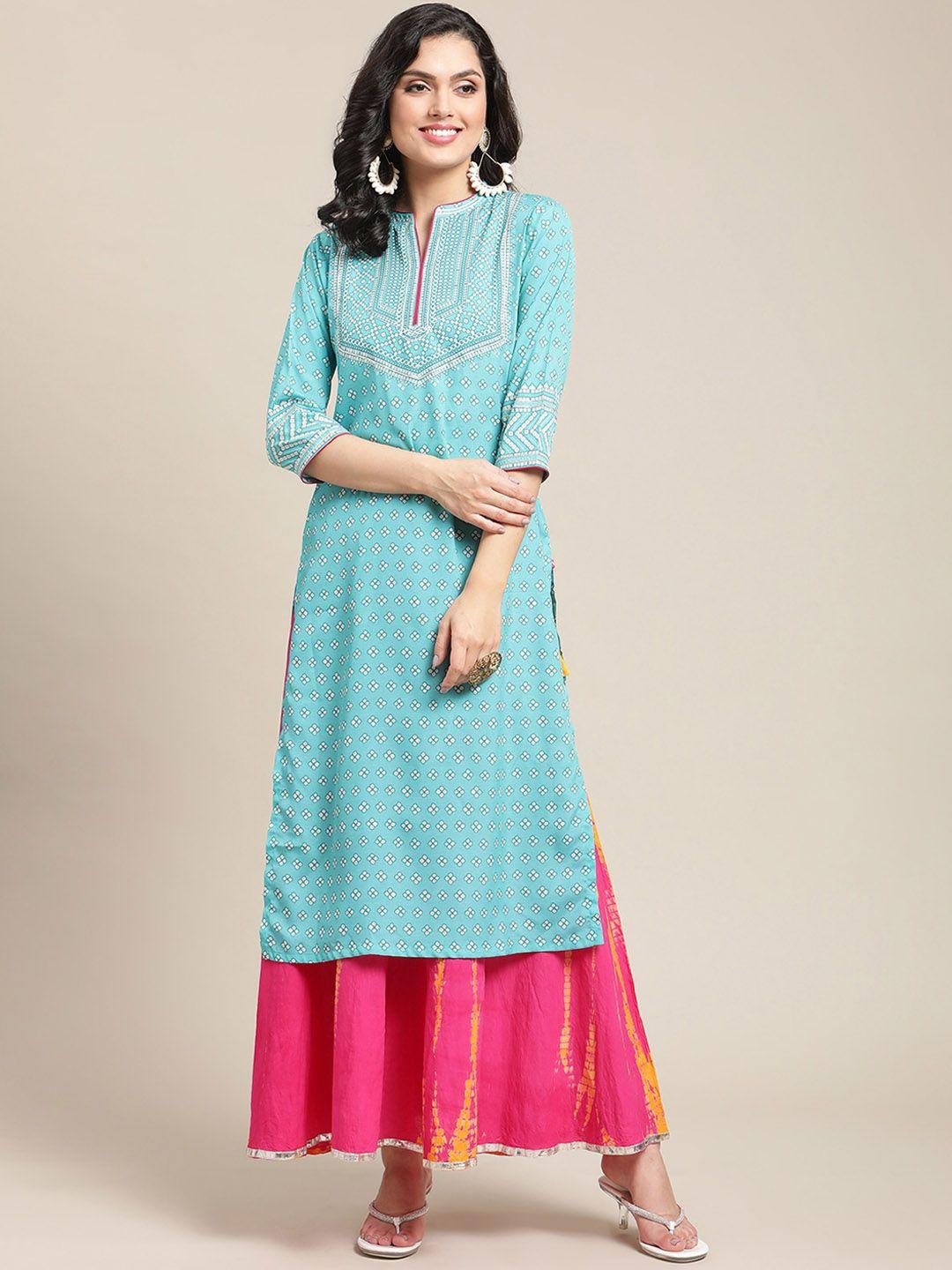 varanga women turquoise blue bandhani printed kurta