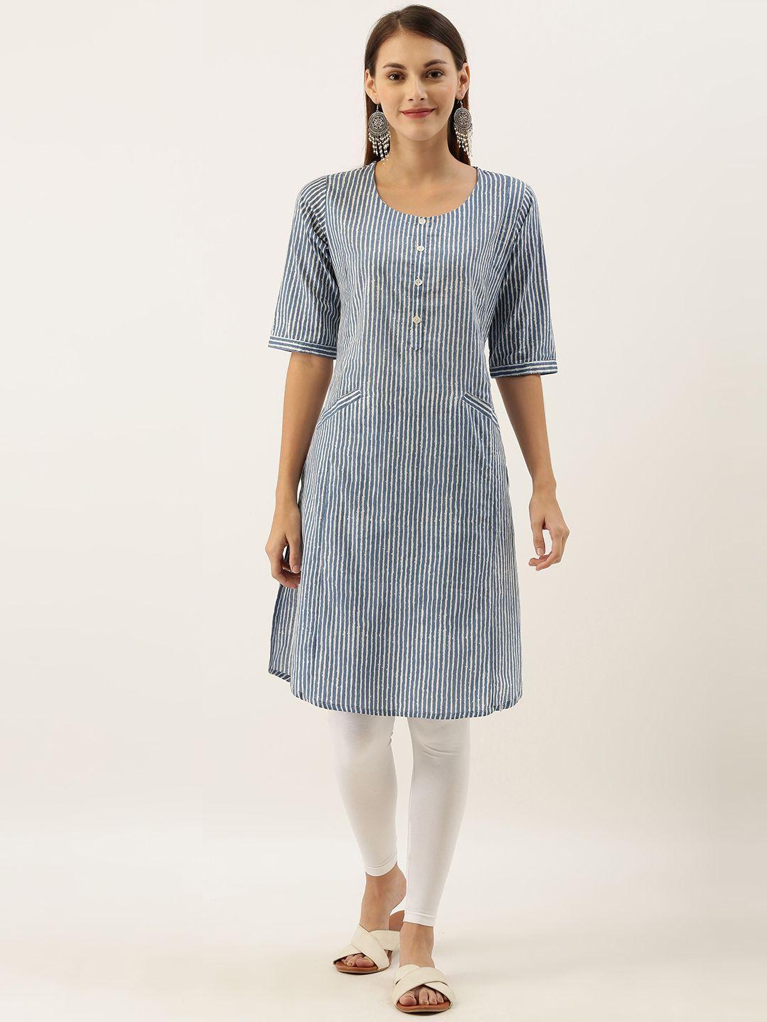 varanga women white & blue striped straight kurta with pockets