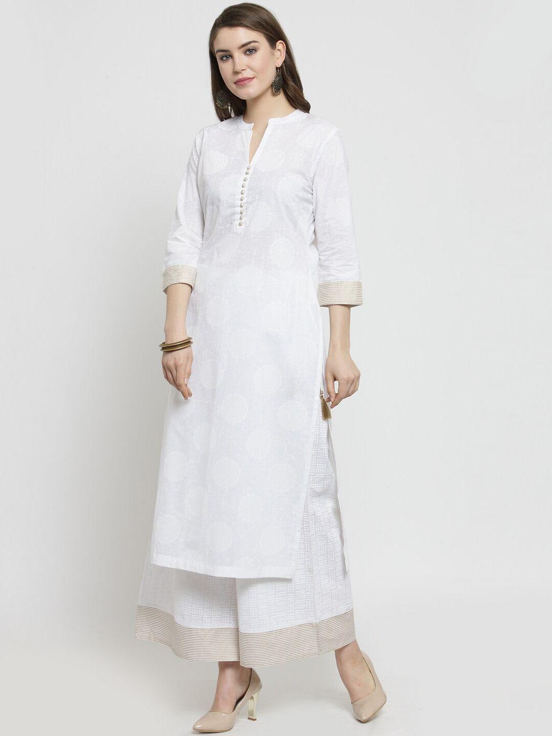 varanga women white & gold-toned pleated a-line pure cotton kurta with palazzos