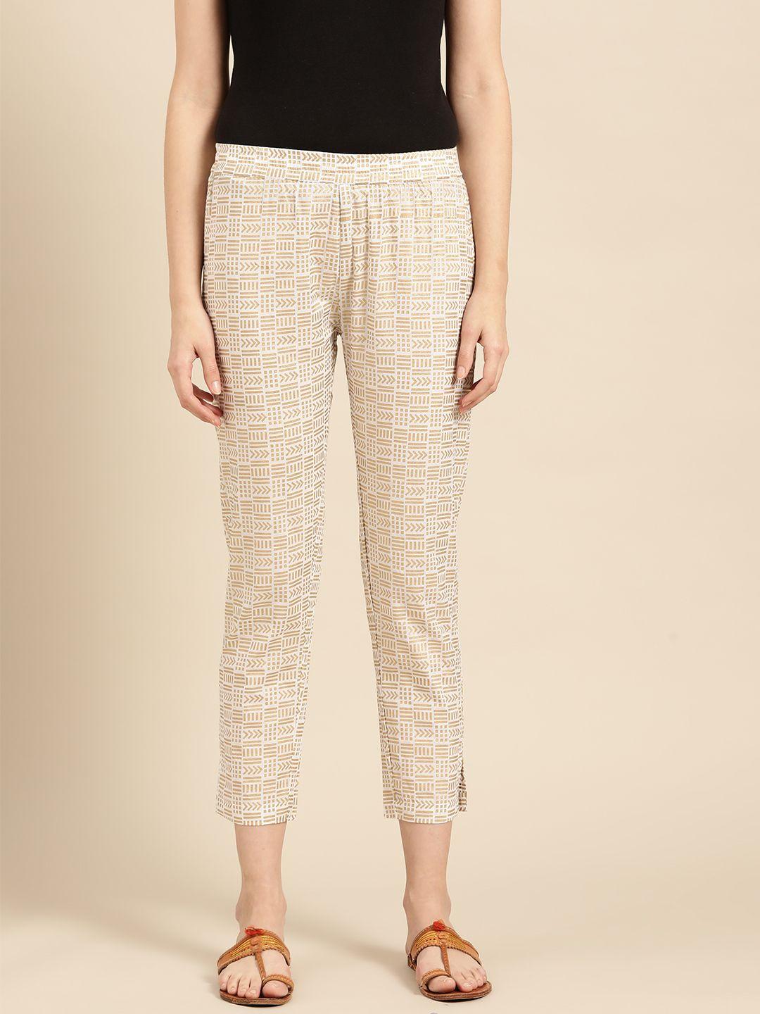 varanga women white & golden regular fit printed cropped trousers
