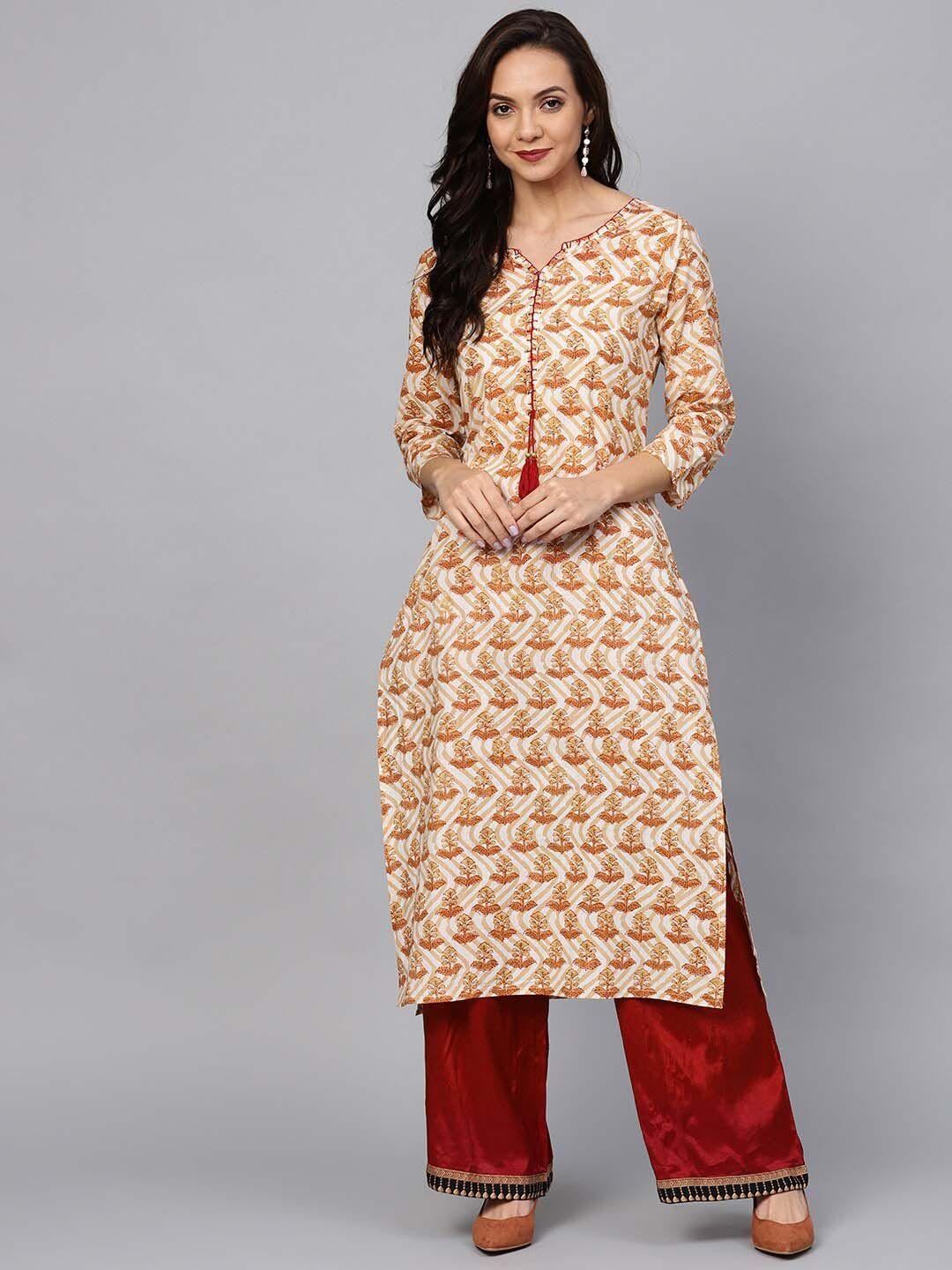 varanga women white & orange floral printed kurta