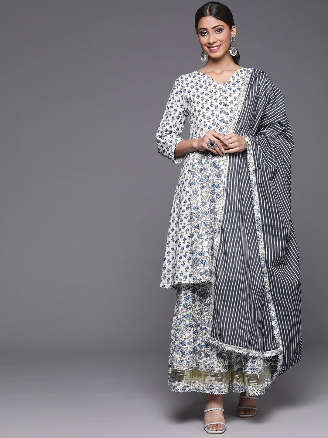 varanga women white ethnic motifs printed pure cotton kurta with trousers & with dupatta