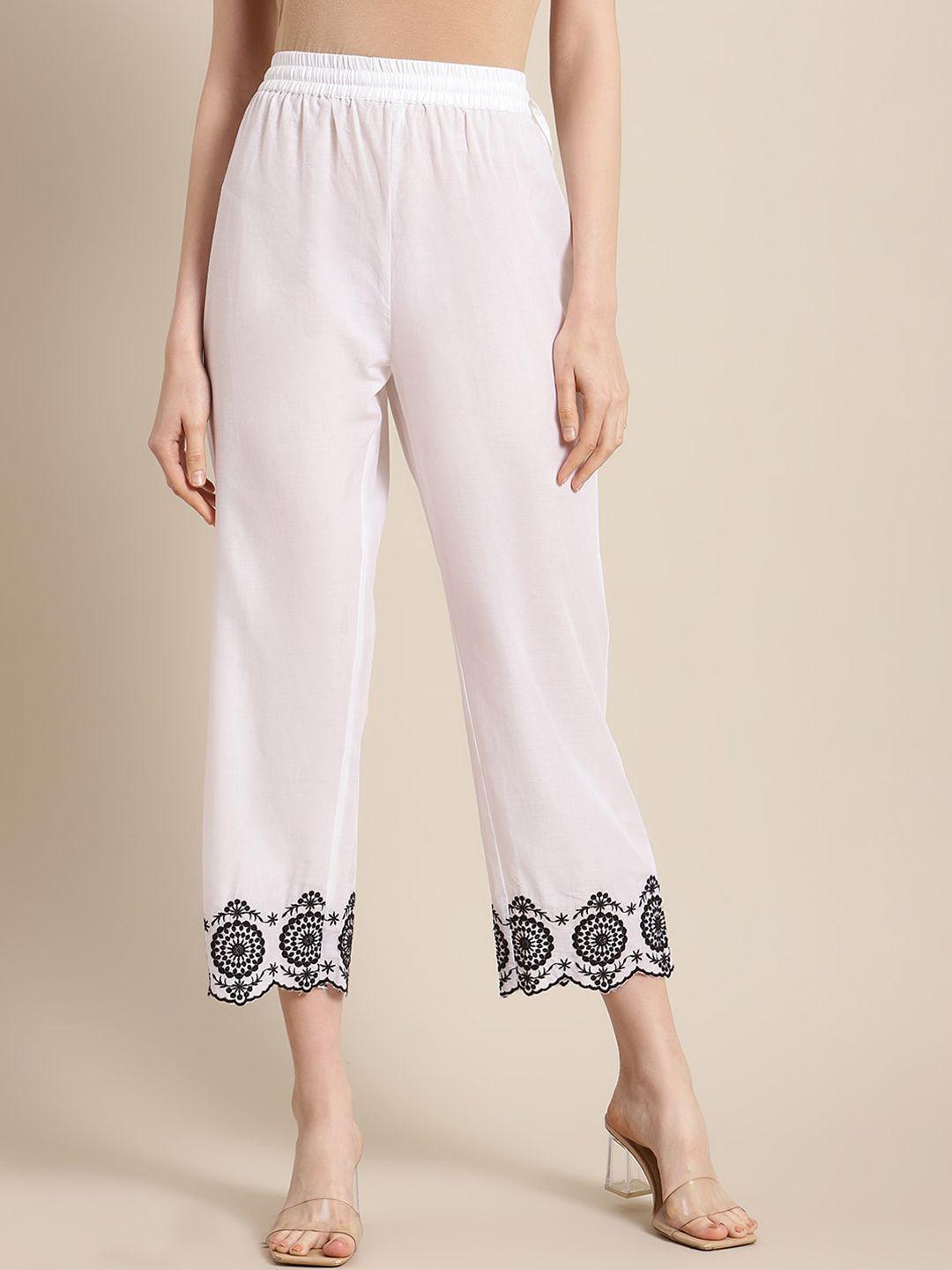 varanga women white regular fit embroidered parallel trousers