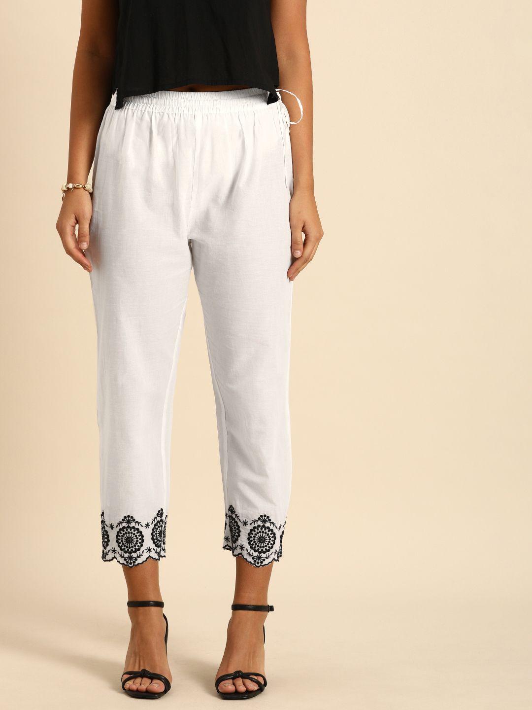 varanga women white regular fit solid cigarette trousers with embroidery