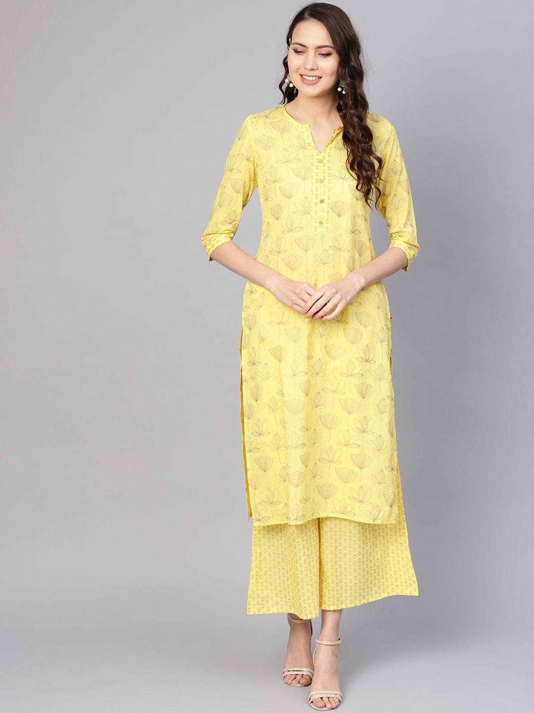varanga women yellow & golden printed kurta with palazzos
