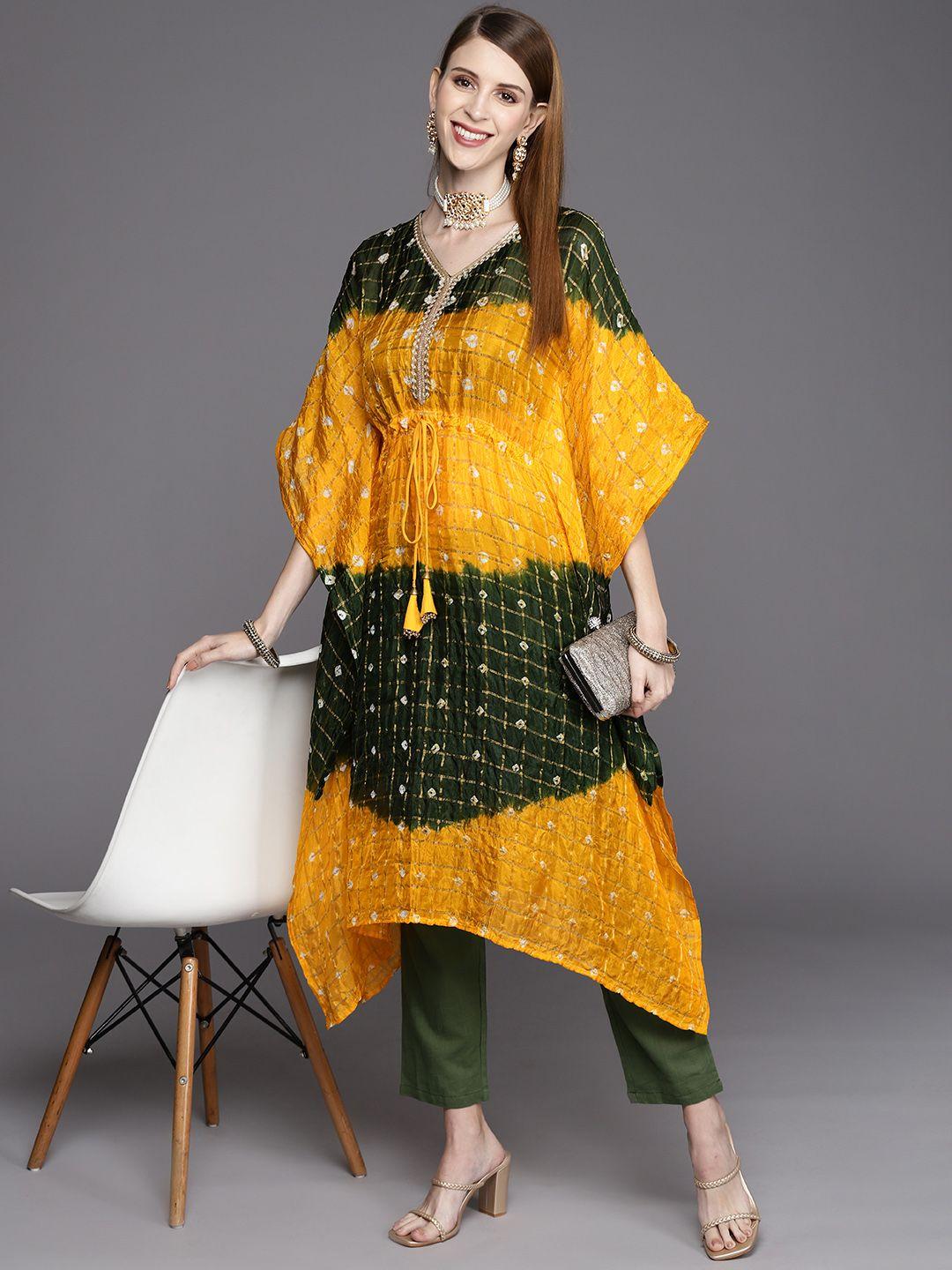 varanga women yellow & green bandhani printed flared sleeves asymmetric jacquard kaftan kurta