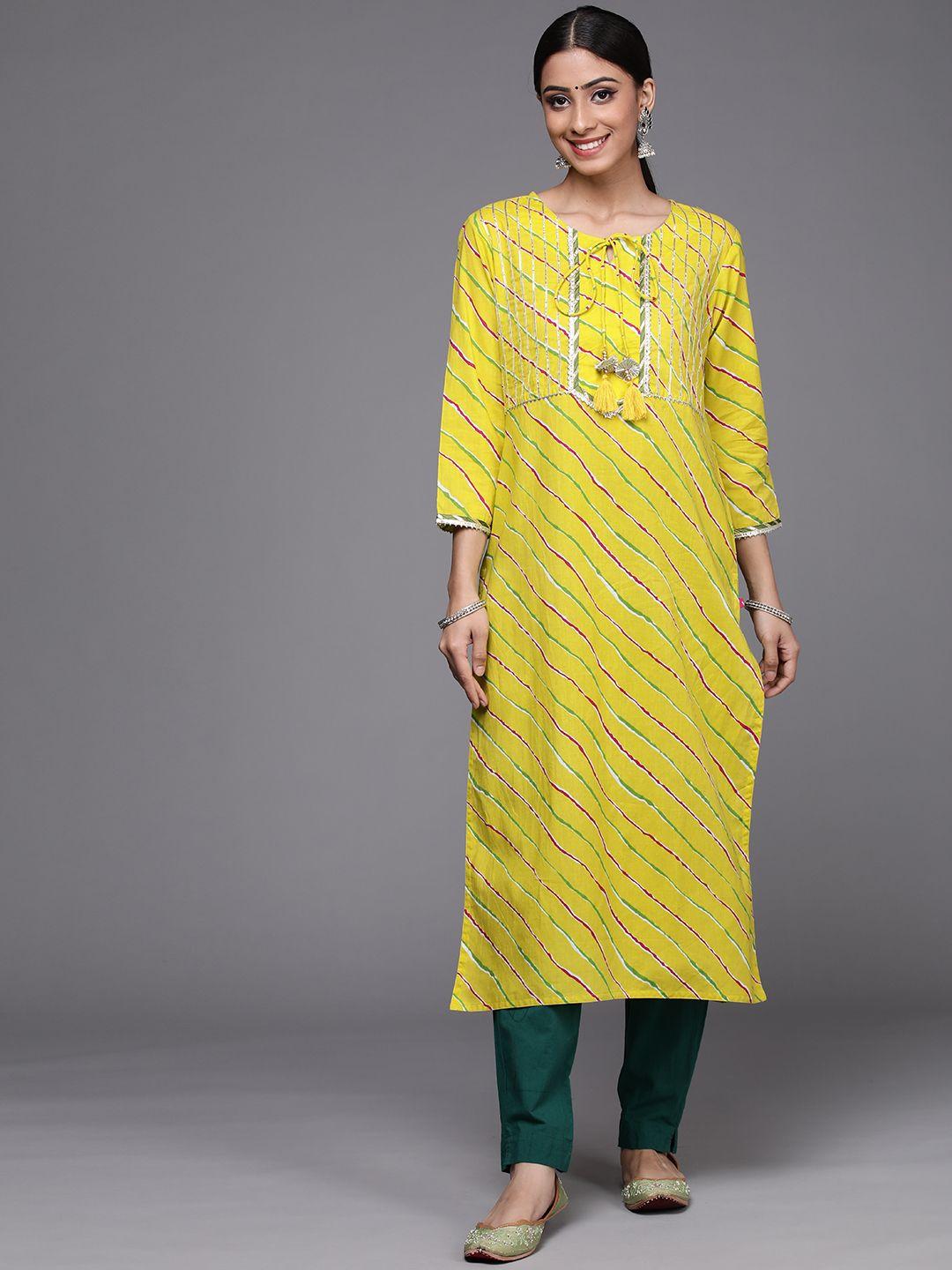 varanga women yellow & magenta leheriya embellished gotta patti kurta