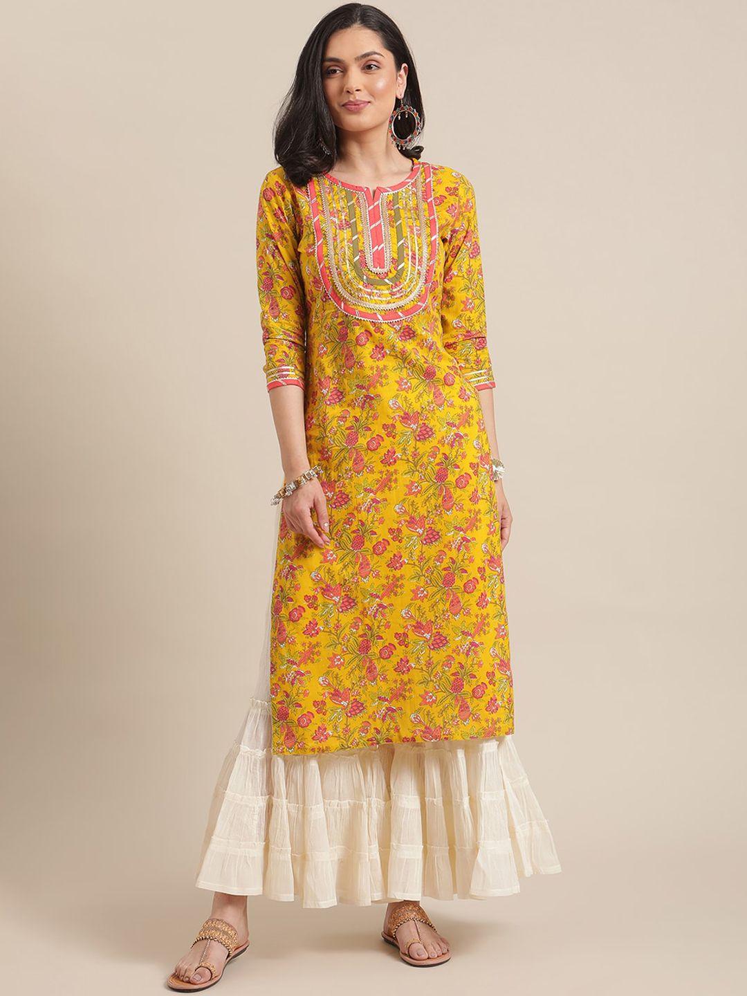 varanga women yellow & peach-coloured floral screen printed gotta patti straight kurta