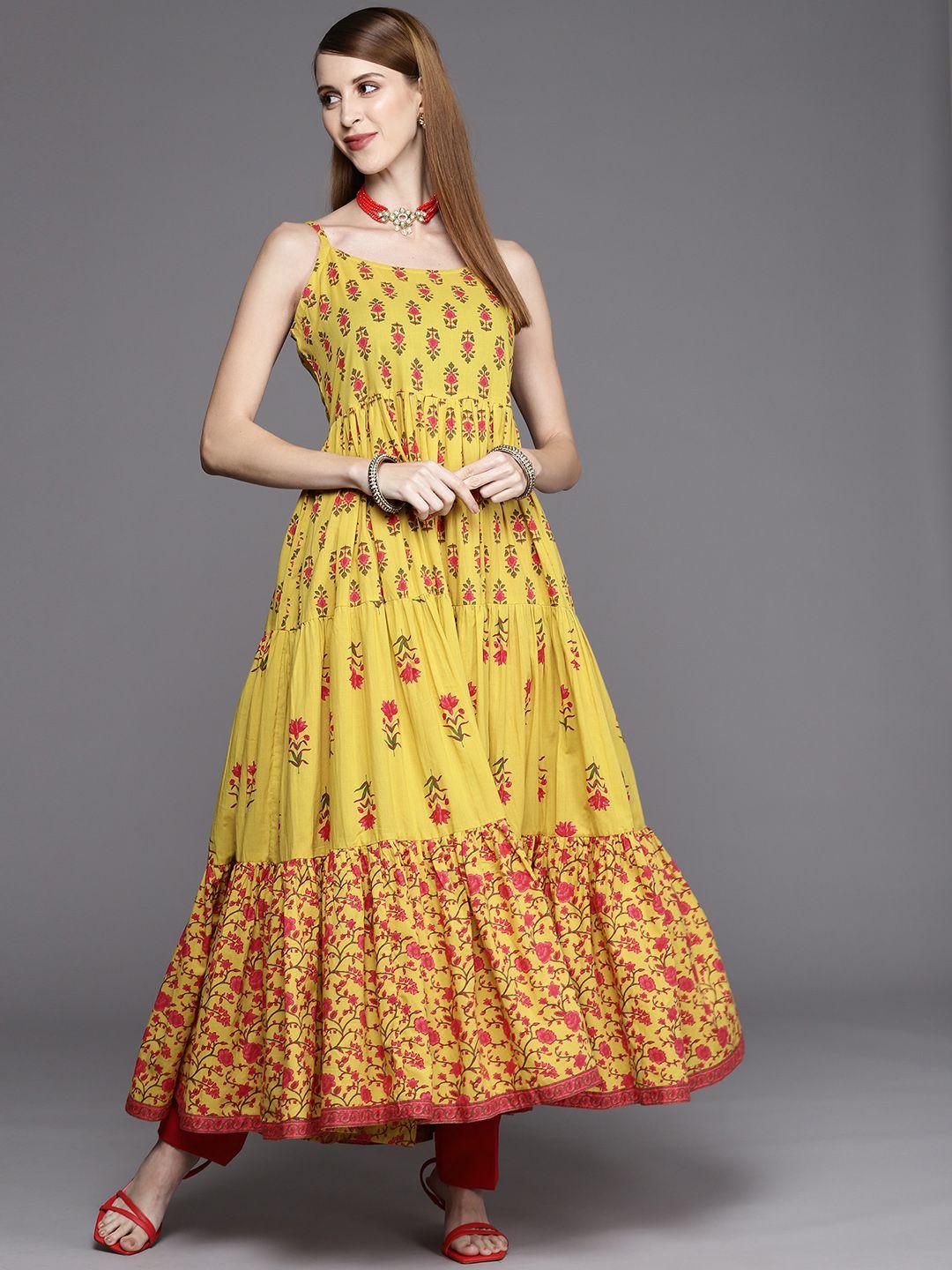 varanga women yellow & pink floral printed anarkali kurta