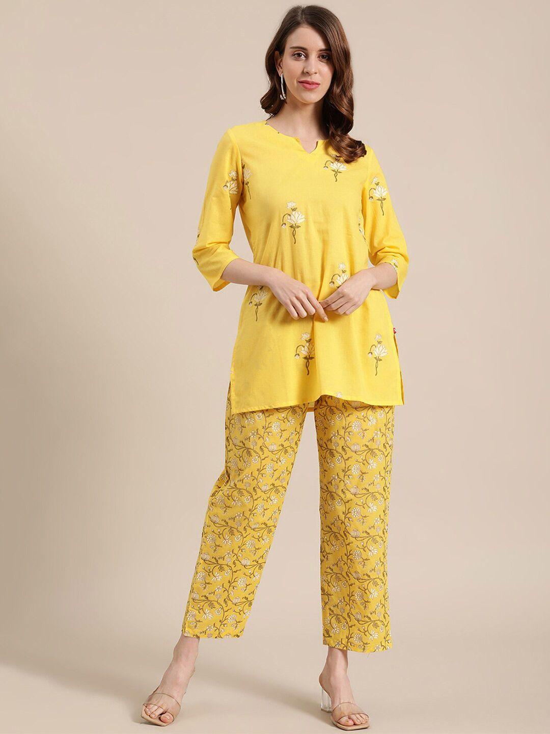 varanga women yellow & white printed pure cotton tunic with trousers