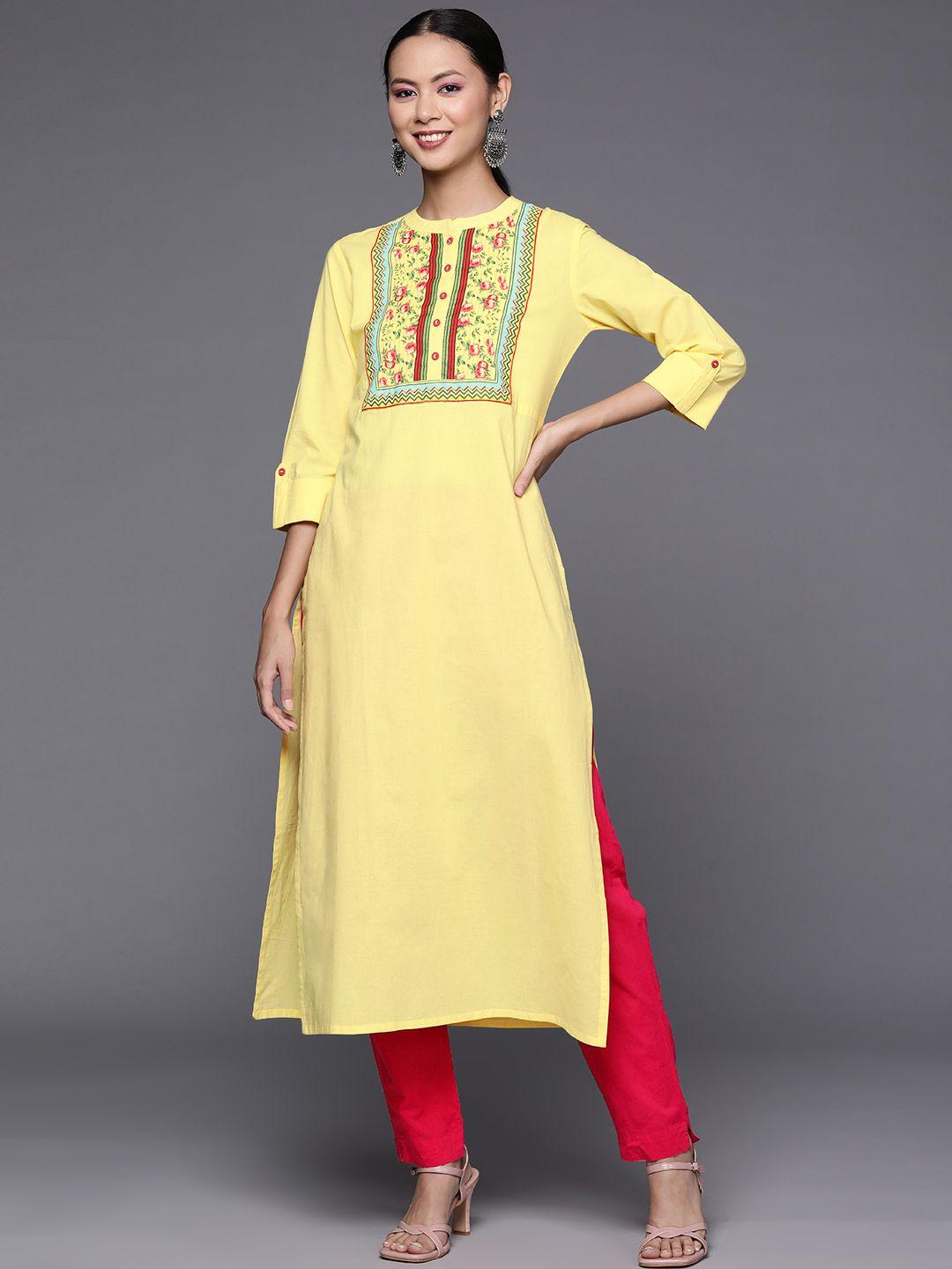 varanga women yellow floral printed pure cotton kurta