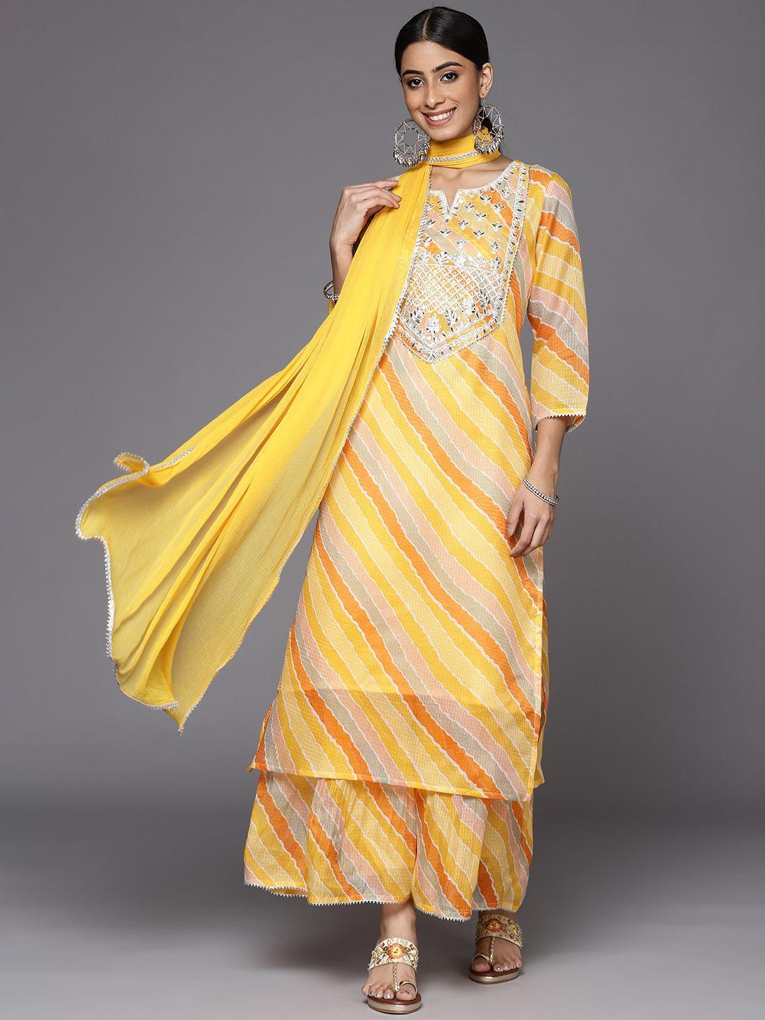 varanga women yellow leheriya printed gotta patti chanderi cotton kurta with sharara & with dupatta