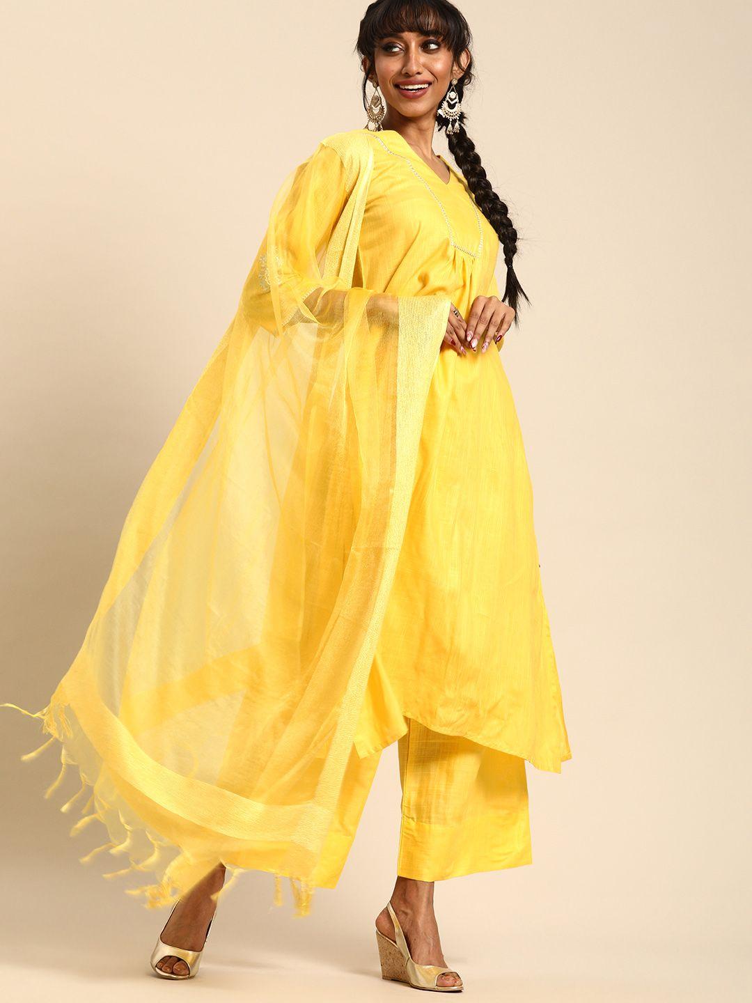 varanga women yellow solid kurta with palazzos & dupatta