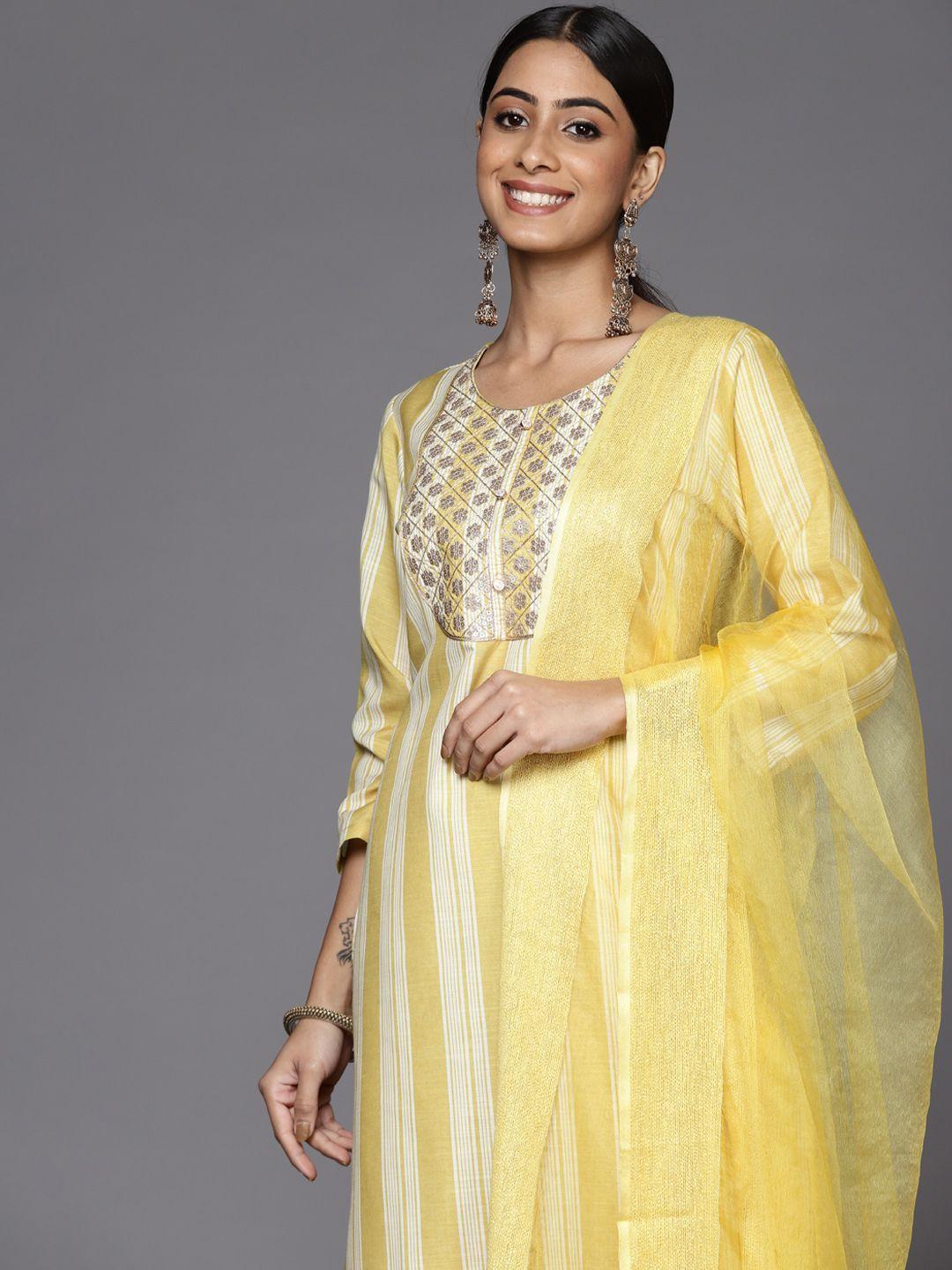 varanga women yellow striped sequinned kurta with trousers & with dupatta