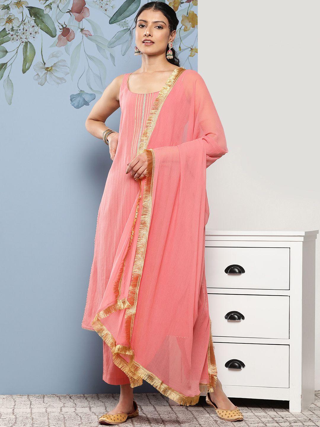 varanga women yoke design silk crepe kurta with trousers & dupatta