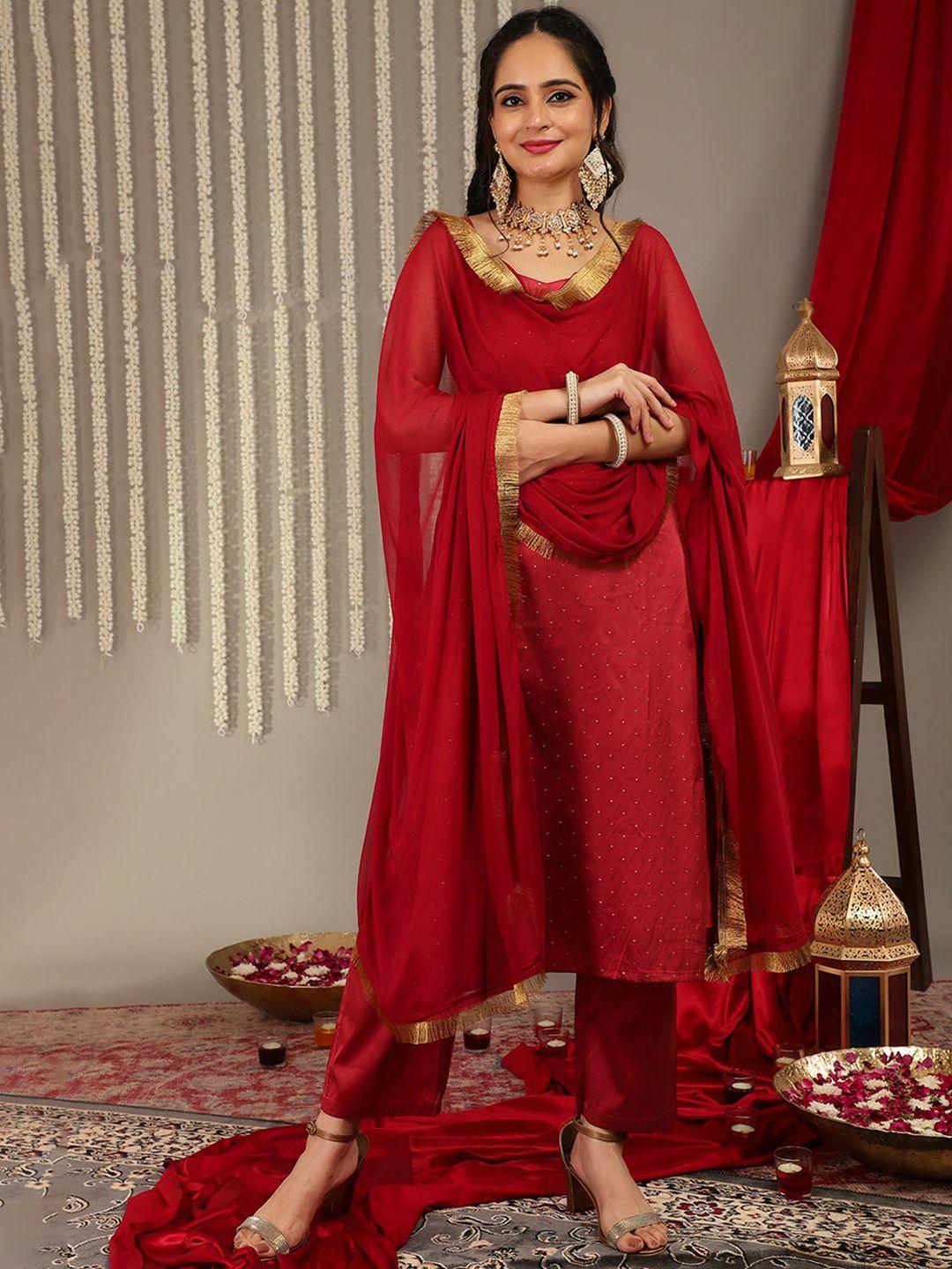 varanga woven design shoulder straps zari detail straight kurta & trousers with dupatta