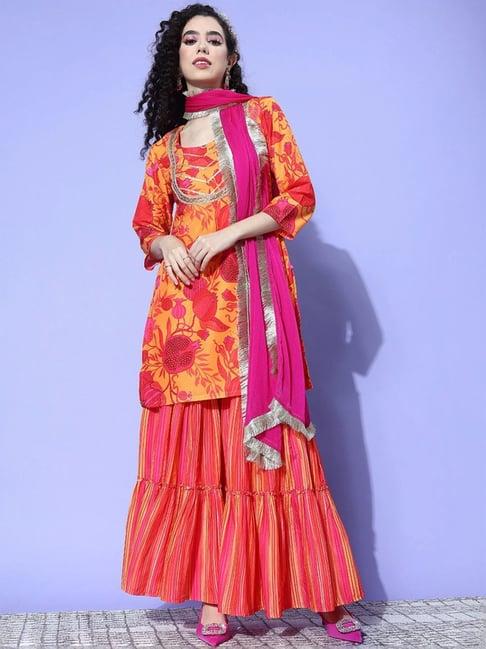 varanga yellow & pink floral print kurti sharara set with dupatta