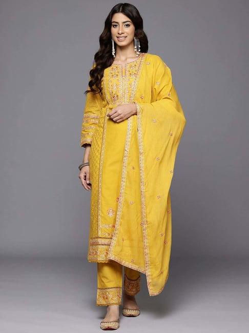 varanga yellow cotton embroidered kurta & pant set with dupatta