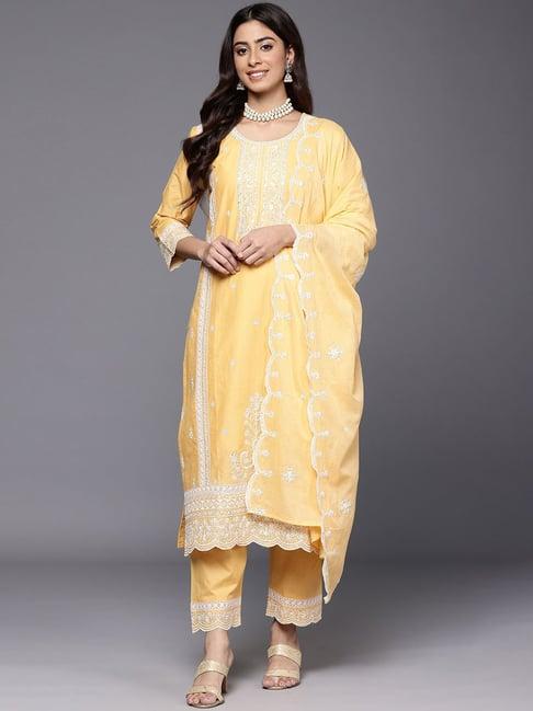 varanga yellow cotton embroidered kurta with pant & dupatta