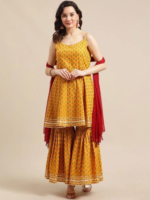 varanga yellow cotton floral print kurti sharara set with dupatta