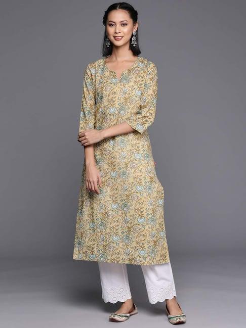 varanga yellow cotton floral print straight kurta