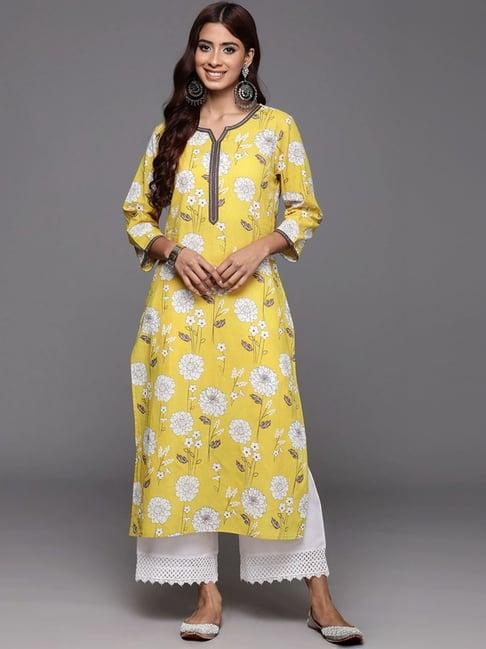 varanga yellow cotton floral print straight kurta