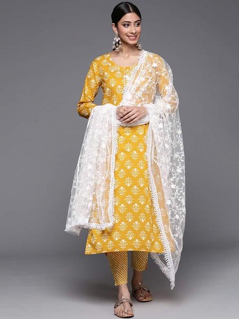 varanga yellow cotton printed kurta pant set with dupatta