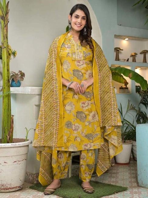varanga yellow cotton printed kurta salwar set with dupatta