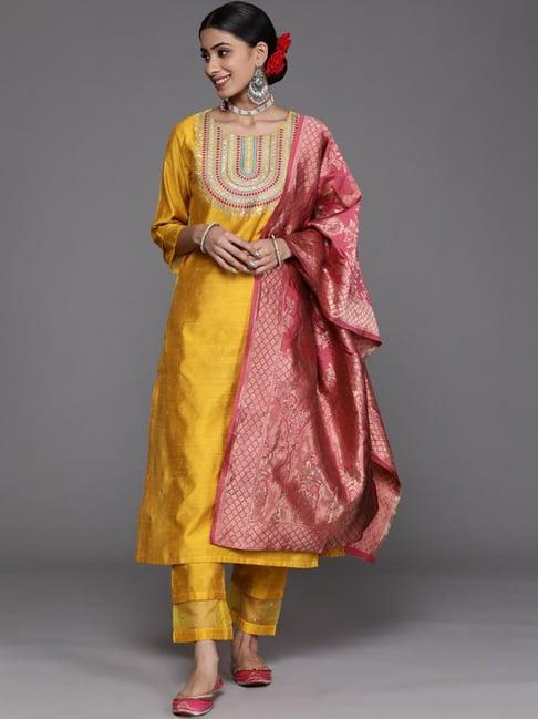 varanga yellow embroidered kurta pant set with dupatta