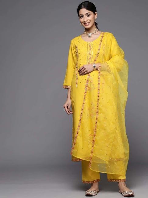 varanga yellow embroidered kurta pant set with dupatta