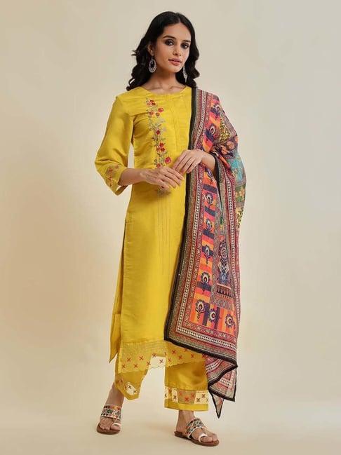 varanga yellow embroidered kurta pant set with dupatta