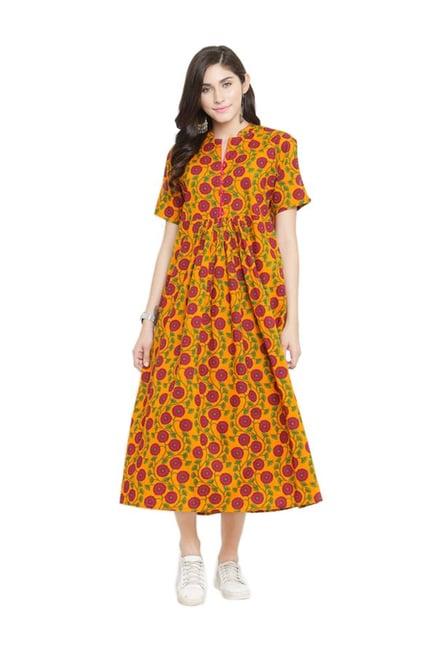 varanga yellow floral print cotton dress