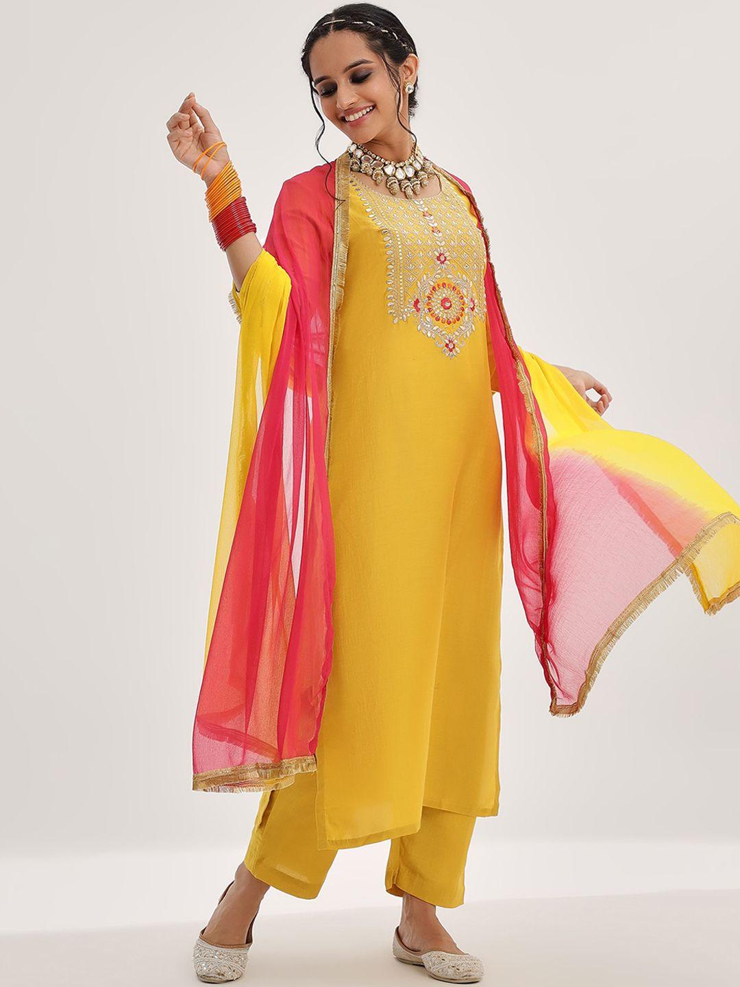 varanga yellow yoke design ethnic motifs straight kurta & trousers with dupatta