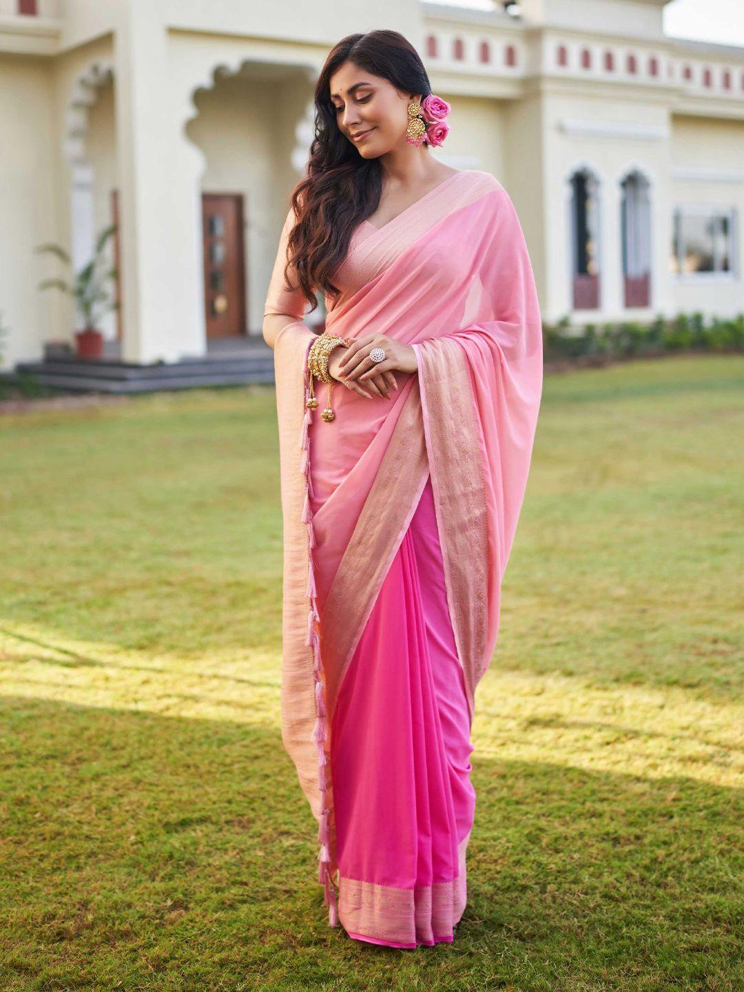 vardha pink & gold-toned ombre dyed zari pure georgette banarasi saree