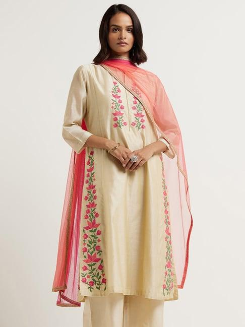 vark by westside beige embroidered kurta, palazzos & dupatta set