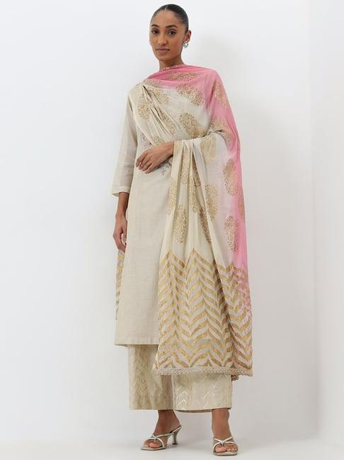 vark by westside beige embroidered kurta, palazzos and dupatta set