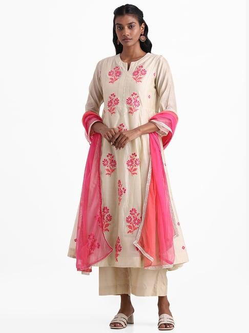 vark by westside beige embroidery anarkali, inner, pants, dupatta set