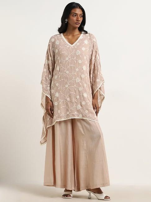 vark by westside beige floral embroidered kaftan & mid-rise palazzos